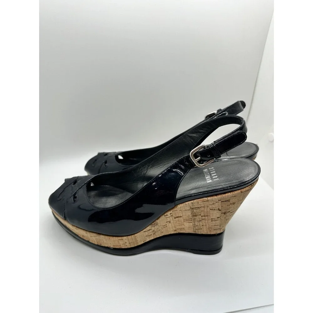 Stuart Weitzman Dolunch Patent Leather Espadrille Wedge Heel Sandals‎ Black 9M
